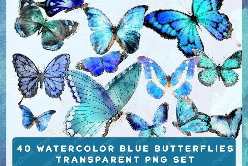 40 Watercolor Butterflies Blue Set Bundle | Transparent Blue Butterfly Watercolor | Watercolor Butterfly Set Bundle | Pastel Butterfly