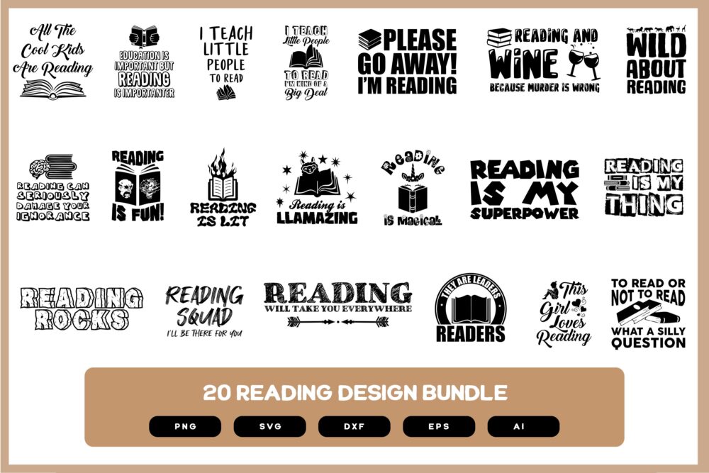 20 Reading Design Design Bundle | Reading Quotes | Reading Sayings | Funny Reading Quotes