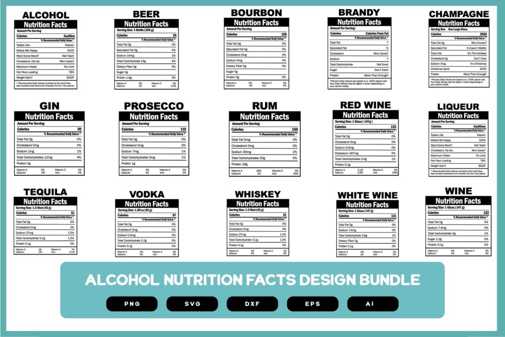 Alcohol Nutrition Facts Design Bundle | Funny Alcohol Design | Alcohol | Alcohol SVG | Alcohol Shirts POD