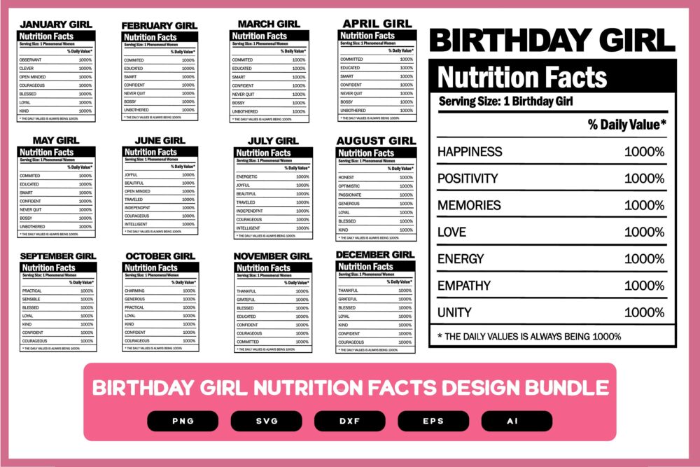 Birthday Girl Nutrition Facts Design Bundle | Birthday Girl Nutrition Facts SVG | Birthday Girl Nutrition Facts Shirt Design