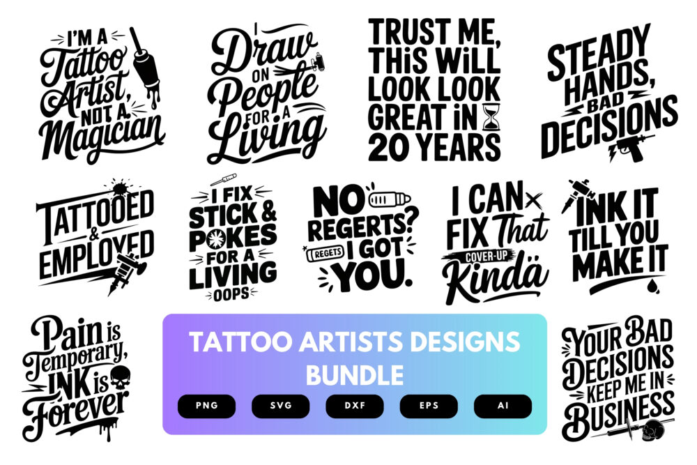 Tattoo Artist SVG Bundle | Ink Studio Clipart, Tattoo Machine Silhouette Cut Files for Cricut & Sublimation