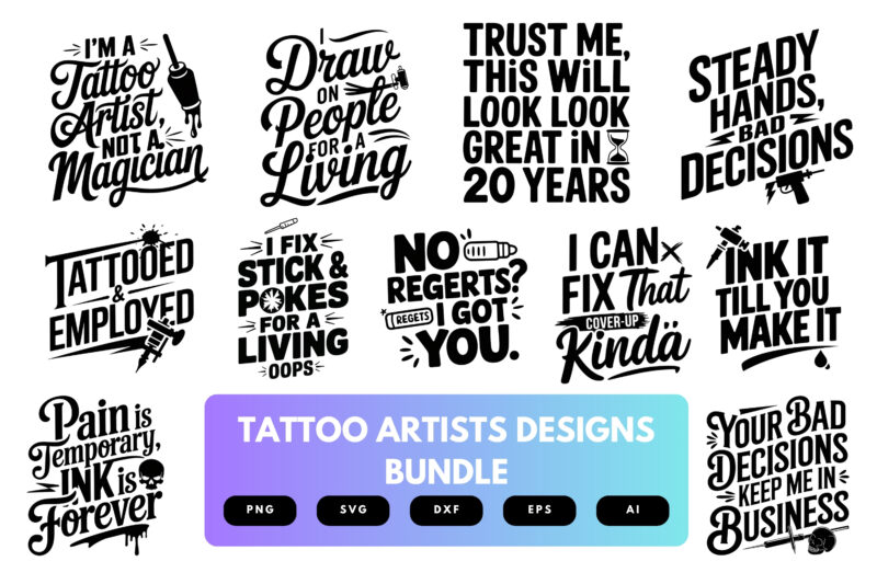 Tattoo Artist SVG Bundle | Ink Studio Clipart, Tattoo Machine Silhouette Cut Files for Cricut & Sublimation
