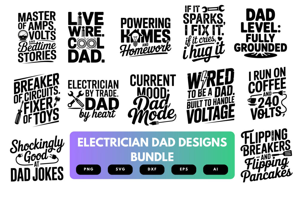 Electrician Dad SVG Bundle | Funny Electrical Clipart, Voltage Silhouette Cut Files for Cricut & Sublimation