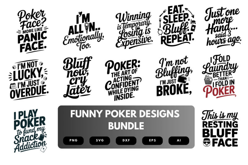 Funny Poker SVG Bundle | Card Game Quotes, Casino Clipart Cut Files for Cricut & Sublimation