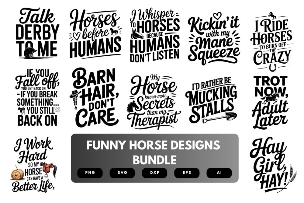 Funny Horse SVG Bundle | Equestrian Quotes, Farm Animal Clipart Cut Files for Cricut & Sublimation
