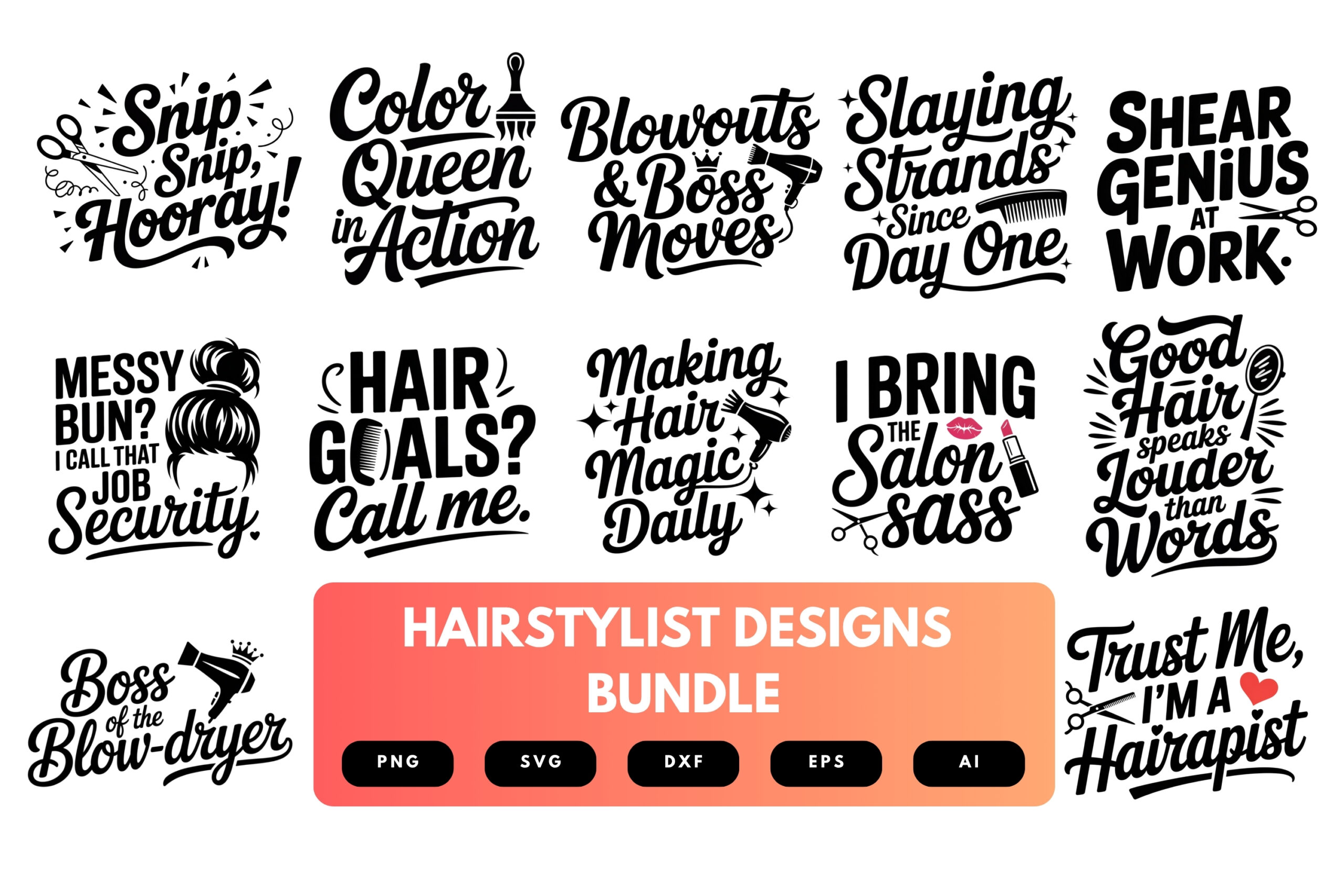 Hairstylist SVG Bundle | Salon Quote Clipart, Hairdresser Cut Files for Cricut & Sublimation Hairstylist SVG Bundle | Salon Quote Clipart, Hairdresser Cut Files for Cricut & Sublimation
