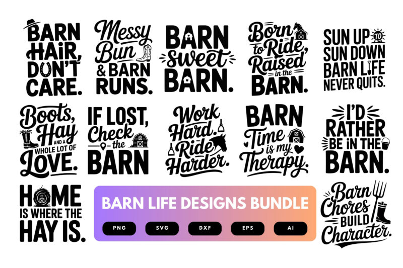 Barn Life SVG Bundle | Farmhouse Silhouette Clipart, Rustic Country Cut Files for Cricut & Sublimation