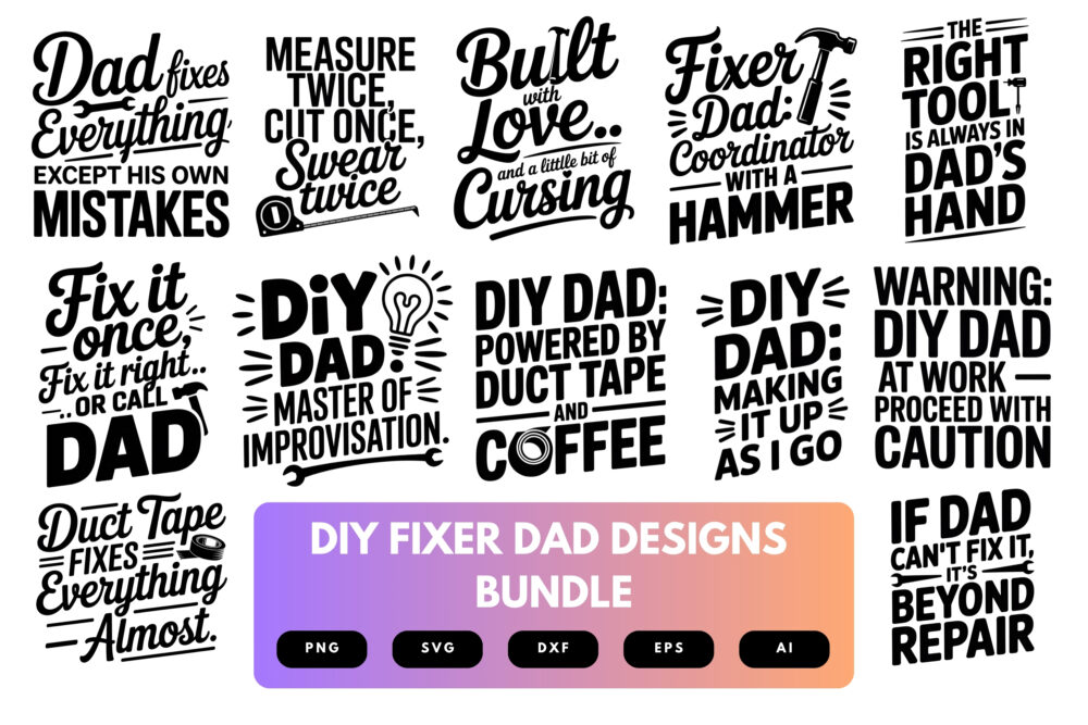 DIY Fixer Dad SVG Bundle | Handyman Clipart, Tool Silhouette Cut Files for Cricut & Sublimation