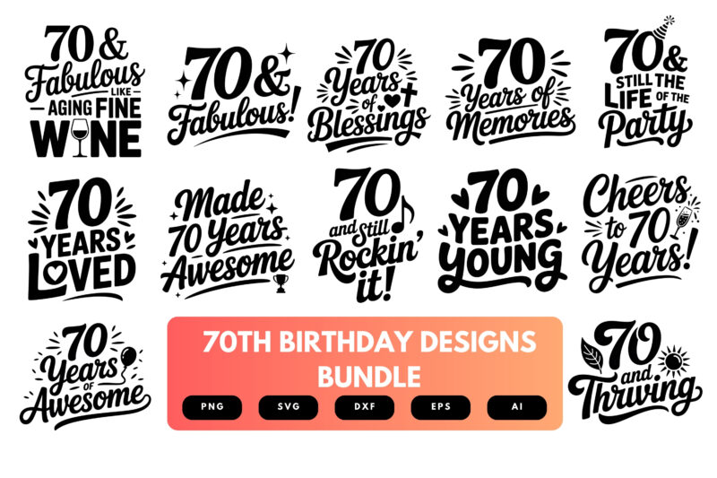 70th Birthday SVG Bundle | Funny Seventy Clipart, Milestone Birthday Cut Files for Cricut & Sublimation
