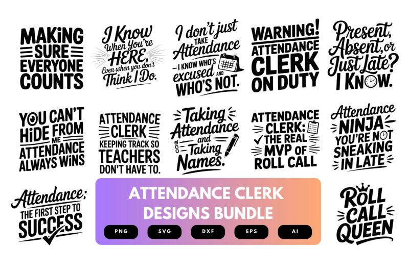 Attendance Clerk SVG Bundle | School Office Clipart, Staff Silhouette Cut Files for Cricut & Sublimation