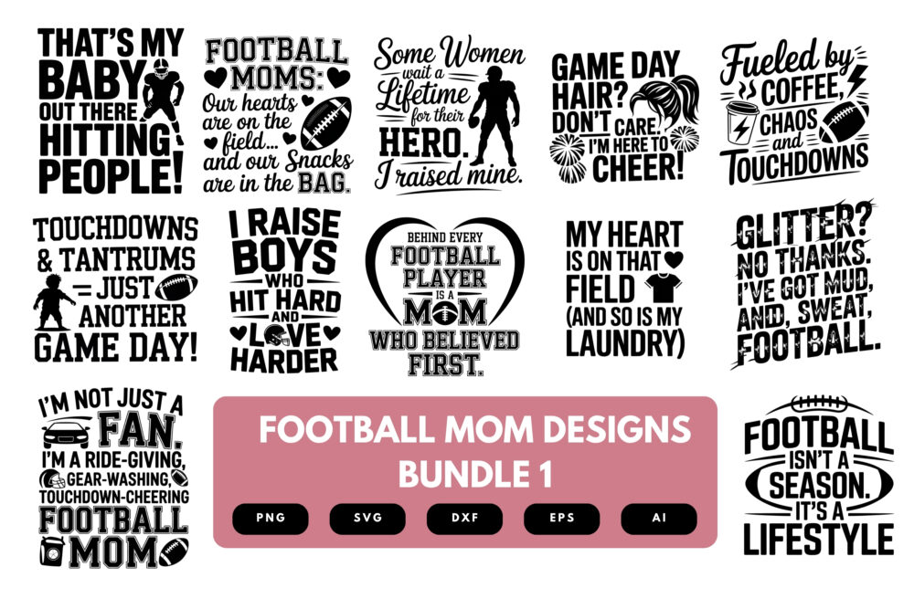 Football Mom SVG Bundle | Game Day Clipart, Sports Mom Silhouette Cut Files for Cricut & Sublimation