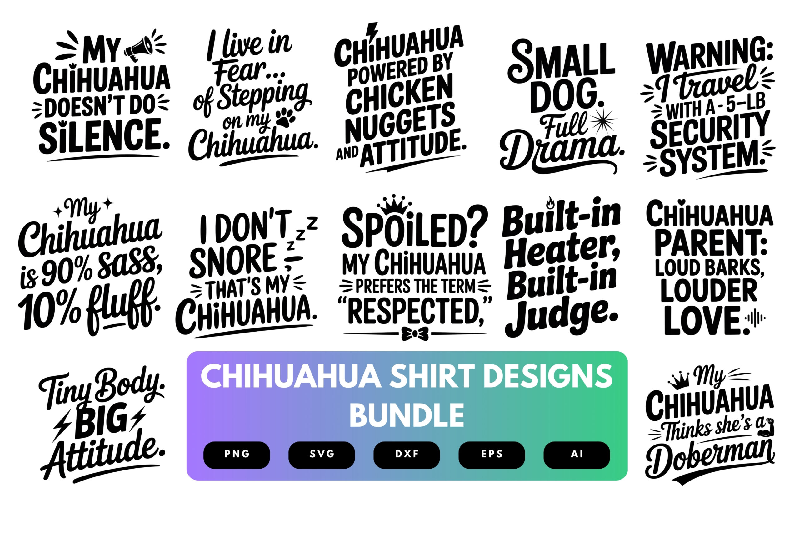 Chihuahua SVG Bundle | Funny Dog Shirt Designs, Pet Lover Clipart, Cute Chihuahua Silhouette Cut Files for Cricut & Sublimation Chihuahua SVG Bundle | Funny Dog Shirt Designs, Pet Lover Clipart, Cute Chihuahua Silhouette Cut Files for Cricut & Sublimation