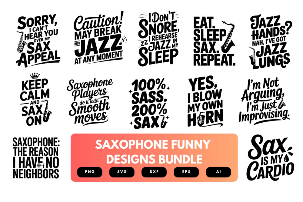 Funny Saxophone SVG Bundle | Musical Instrument Clipart, Jazz Band Silhouette Cut Files for Cricut & Sublimation |