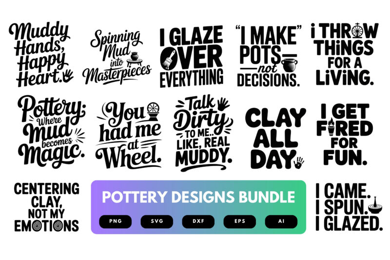 Pottery SVG Bundle | Ceramic Artist Clipart, Clay Craft Silhouette Cut Files for Cricut & Sublimation