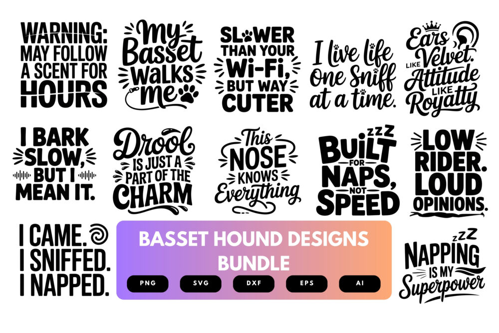Basset Hound SVG Bundle | Dog Clipart, Funny Pet Silhouette Cut Files for Cricut & Sublimation