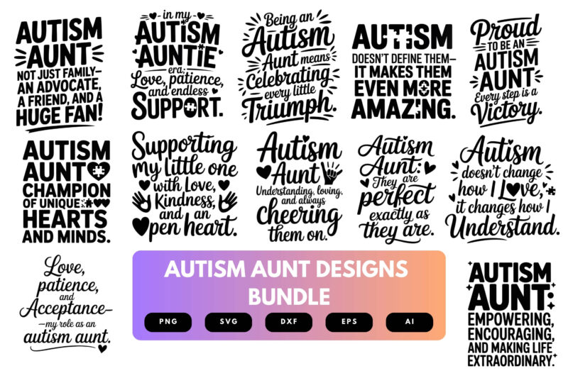 Autism Aunt SVG Bundle | Puzzle Piece Clipart & Awareness Quotes for Cricut, Sublimation Support Gifts