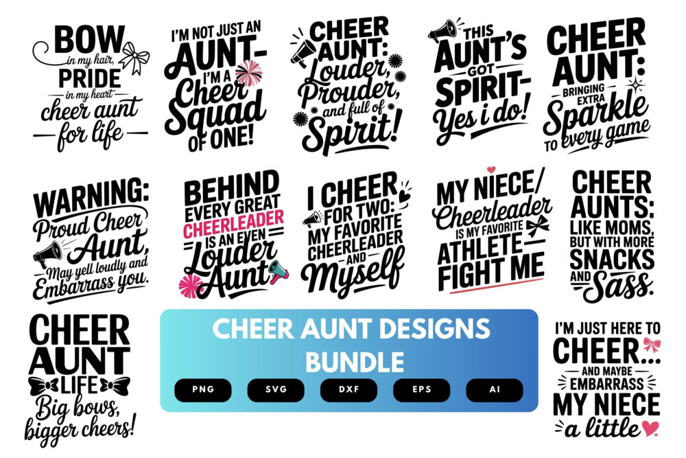 Cheer Aunt SVG Bundle | Cheerleading Clipart, Quotes & Spirit Cut Files for Cricut, Sublimation, Pom Pom Designs