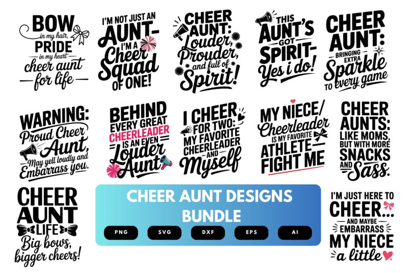 Cheer Aunt SVG Bundle | Cheerleading Clipart, Quotes & Spirit Cut Files for Cricut, Sublimation, Pom Pom Designs