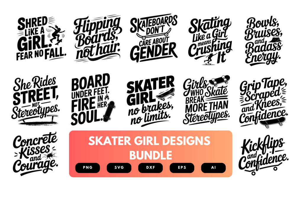 Skater Girl SVG Bundle | Skateboarder Cut Files for Cricut, Sublimation & Girl Power Street Style Apparel