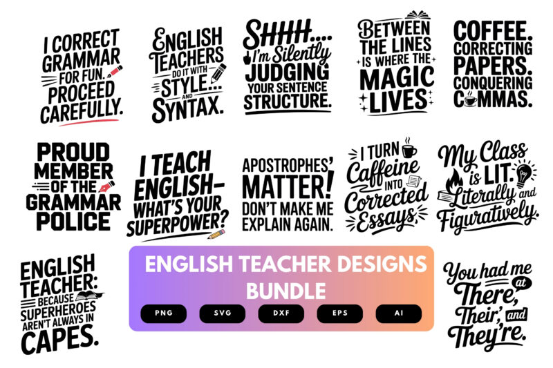 English Teacher SVG Bundle | Grammar Quotes, Literature Clipart and Classroom Cut Files for Cricut & Sublimation