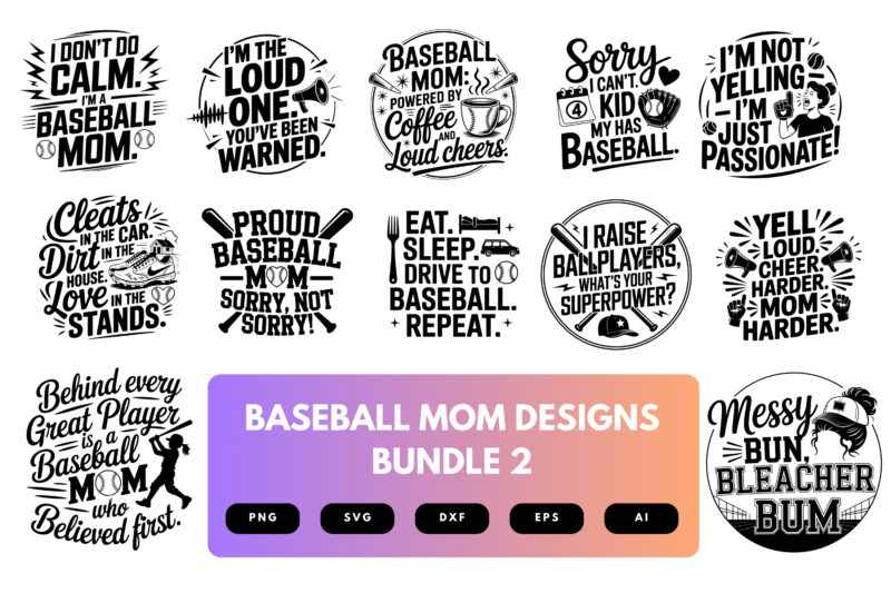 Baseball Mom SVG Bundle | Sports Mom Clipart, Game Day Silhouette Cut Files for Cricut & Sublimation
