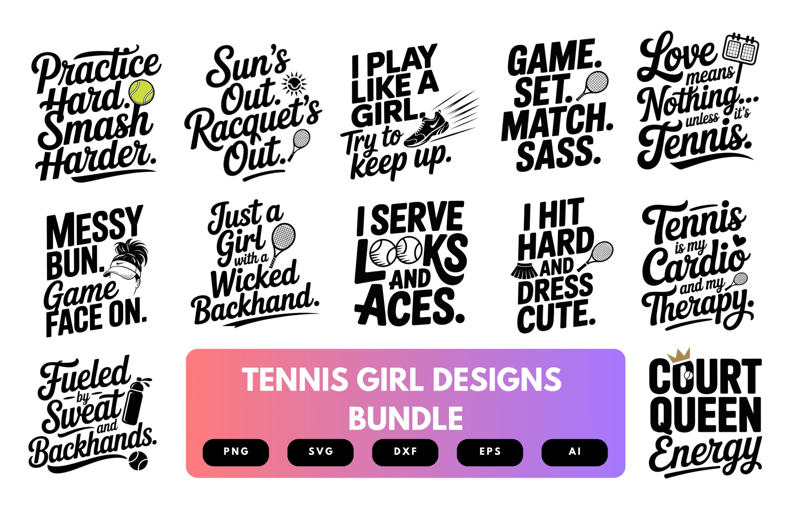 Tennis Girl SVG Bundle | Feminine Tennis Player Cut Files, Sporty Designs for Cricut & Sublimation Tennis Girl SVG Bundle | Feminine Tennis Player Cut Files, Sporty Designs for Cricut & Sublimation