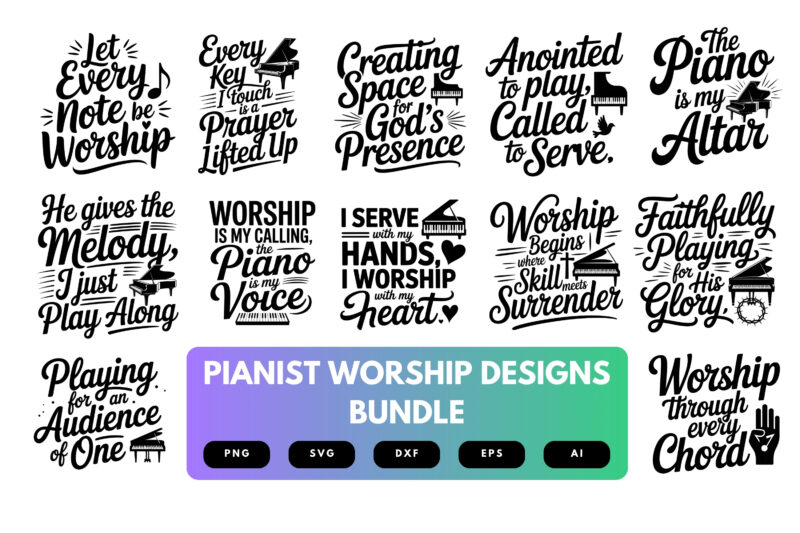 Pianist SVG Bundle | Worship Music Clipart, Christian Piano Player Cut Files for Cricut & Sublimation