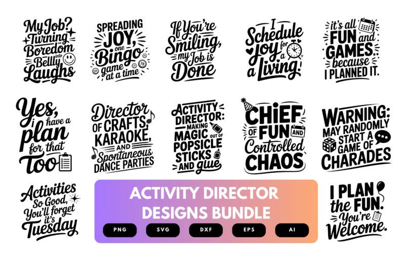Activity Director SVG Bundle | Funny Recreation Staff Clipart, Senior Living Cut Files for Cricut & Sublimation